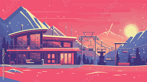 Flat style ski lodge illustration with snowy mountain scenery