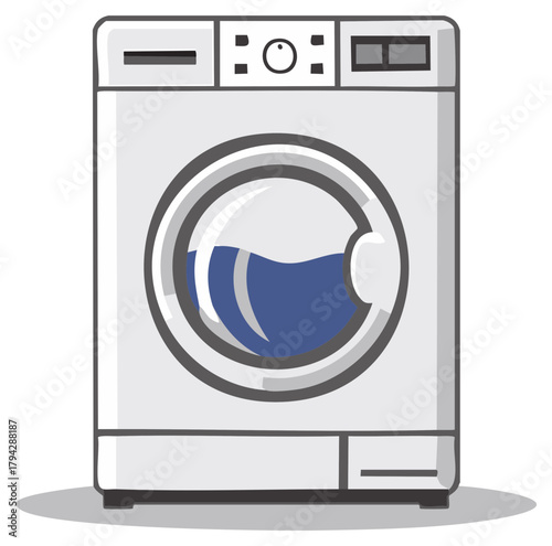 Isolated white washing machine illustration with visible water and round door reflecting utility and cleanliness