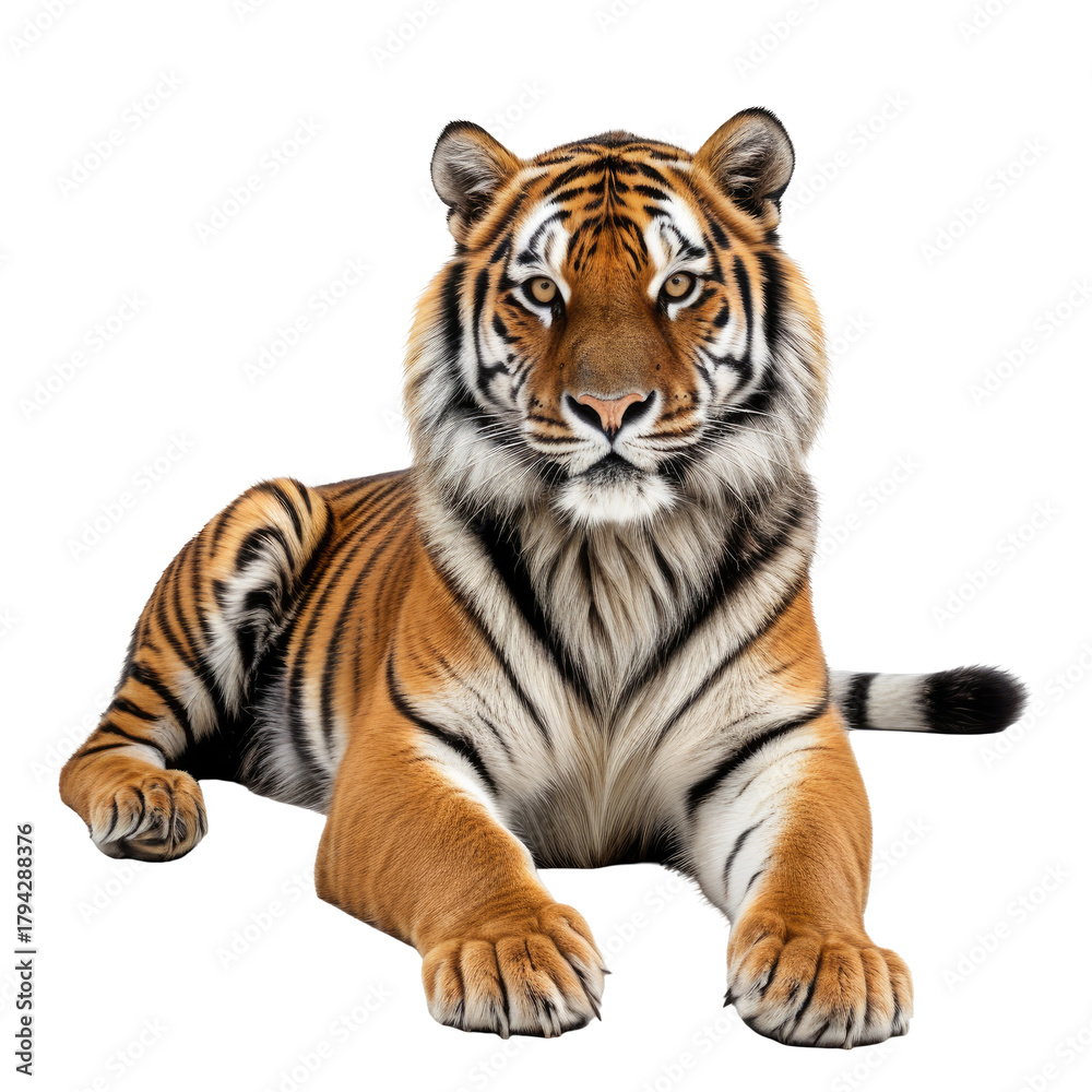 Fototapeta premium Lying tiger with orange and black stripes stares out from the darkness