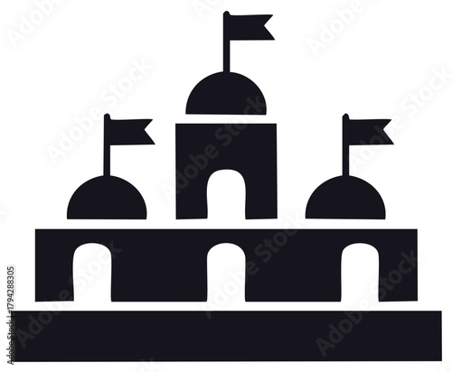 Simple castle icon with flags vector illustration, fortress silhouette with towers and arched entrances.