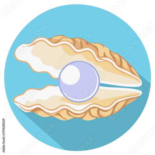 Flat design illustration of an open clam shell with a precious luminous pearl inside representing marine treasure discovery.