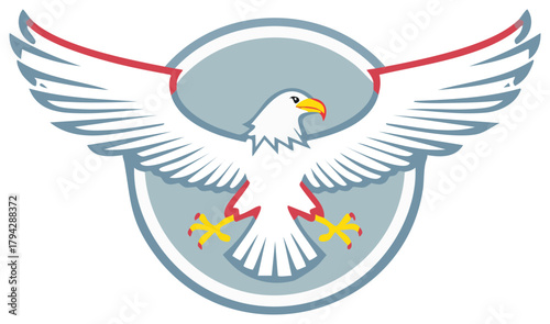 Stylized eagle emblem with outstretched wings and a shield shape in blue and red