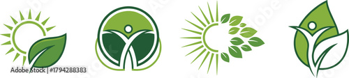 Eco wellness logo collection with sun, leaf, and human figure design symbolizing nature growth, sustainability, health, and harmony
