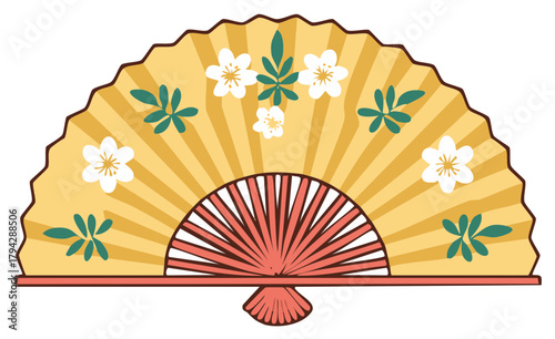 Stylish Asian inspired yellow folding hand fan with delicate floral pattern