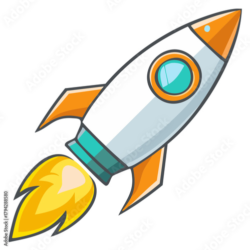 Cartoon rocket ship blasting off with fiery exhaust and orange fins space exploration