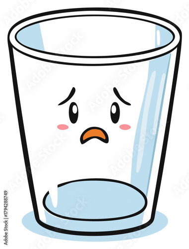 Empty clear glass cartoon character with sad face and small puddle showing disappointment