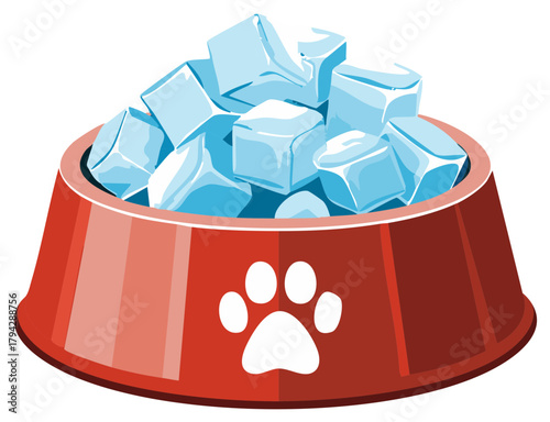 Illustration of Ice Cubes in Red Pet Bowl with Paw Print Symbol for Refreshment