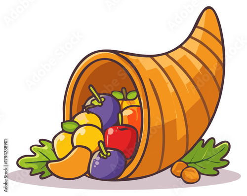 Cartoon cornucopia horn of plenty filled with fruit for Thanksgiving harvest