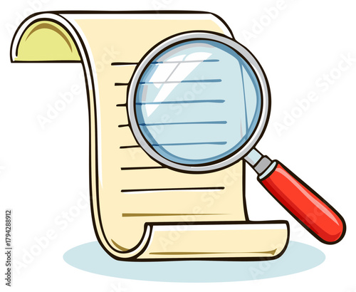 Magnifying glass over a document or paper with lines