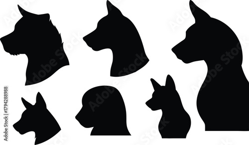 Dog breeds silhouettes in black and white showing different canine profiles on transparent background