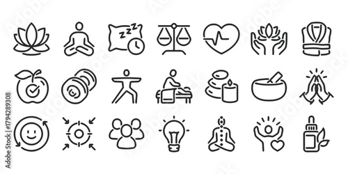 lotus flower, meditation, sleep, balance scale, heartbeat, hands, bathrobe, apple, dumbbell, yoga pose, massage, spa stones, candle, mortar and pestle, praying hands, cycle, target, people, light bulb