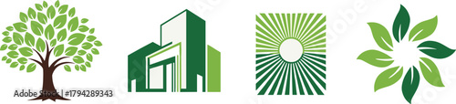 Eco nature logo collection with tree, green building, sunburst field and leaf flower, sustainability and renewable energy concept