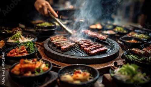 Fototapeta Naklejka Na Ścianę i Meble -  A close-up shot captures a sizzling barbecue grill laden with perfectly seared meat, surrounded by an array of delectable side dishes, creating a mouthwatering culinary experience
