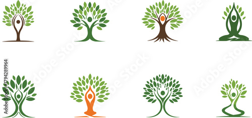 Yoga tree logo collection, eco nature meditation design, wellness balance concept, organic growth, relaxation, green lifestyle, harmony, spiritual health illustration