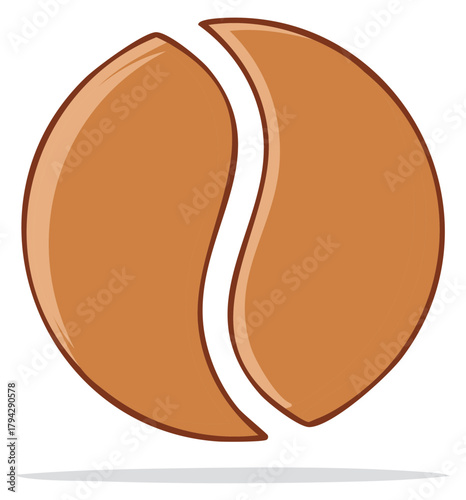 Two brown coffee bean shapes split apart with a white center isolated