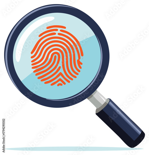 Forensic investigation concept with magnifying glass examining unique human fingerprint