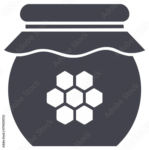 Illustration of a honey jar with honeycomb on the side, flat style design