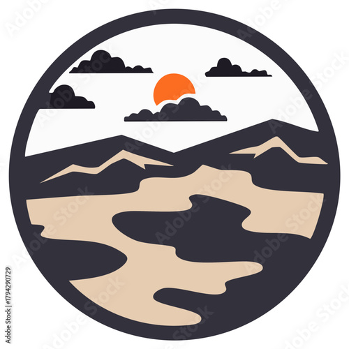 Desert landscape with dunes mountains clouds and rising sun icon