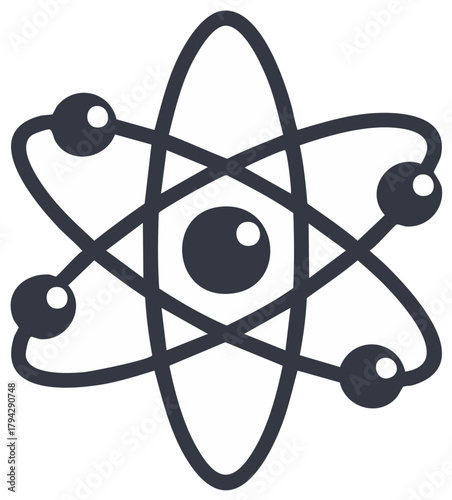 Schematic atom model icon. Minimalist atomic structure showing nucleus and electron orbits.
