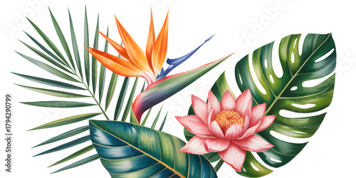 Watercolor tropical flower mix PNG with bird of paradise and palm leaves