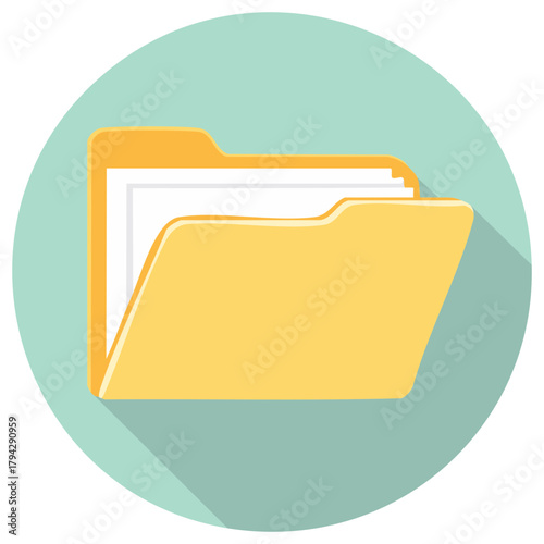 Stylized flat design illustration of an open yellow folder with documents inside on a teal circular background with a shadow