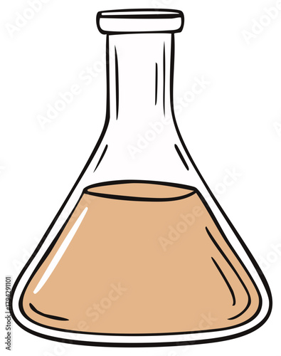 Illustrated Erlenmeyer flask filled with brown liquid for science and chemistry experiments