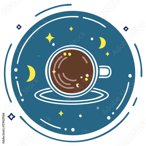 Warm Beverage Mug with Stars and Crescent Moons in a Dreamy Celestial Night Sky Circle Illustration