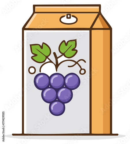 Cartoon grape juice carton with vibrant purple grapes and green leaves illustration