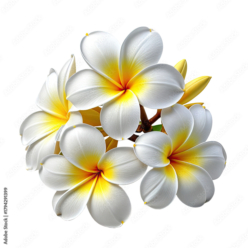 Fototapeta premium Plumeria cluster white petals, yellow centers. Isolated on black
