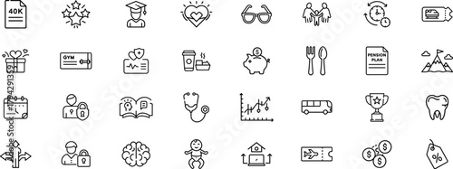 Collection of diverse line art icons representing financial planning, education, health, travel, and lifestyle concepts on transparent background