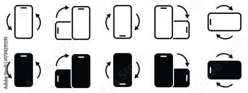smartphone, phone, mobile, device, rotation, orientation, turn, landscape, portrait, icon, symbol, graphic, outline, solid, black, white background, technology, interface, user experience, app, settin