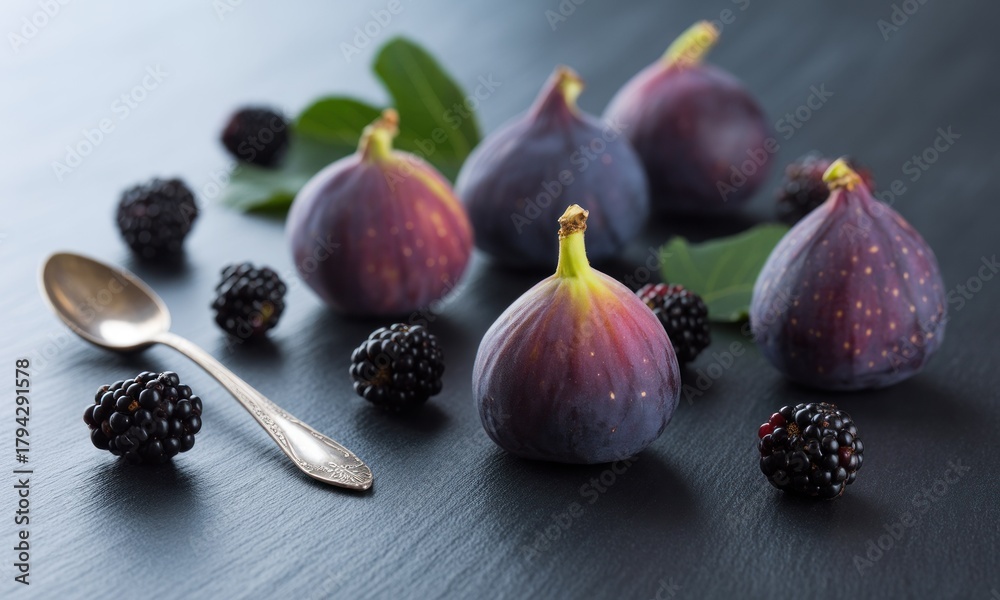 Fototapeta premium Fresh figs and blackberries on a dark surface