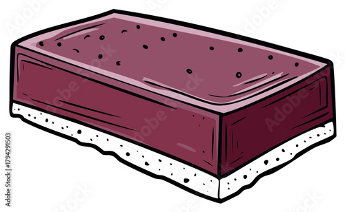 Illustration of a layered rectangle cake with purple icing and white dotted bottom layer, isolated.
