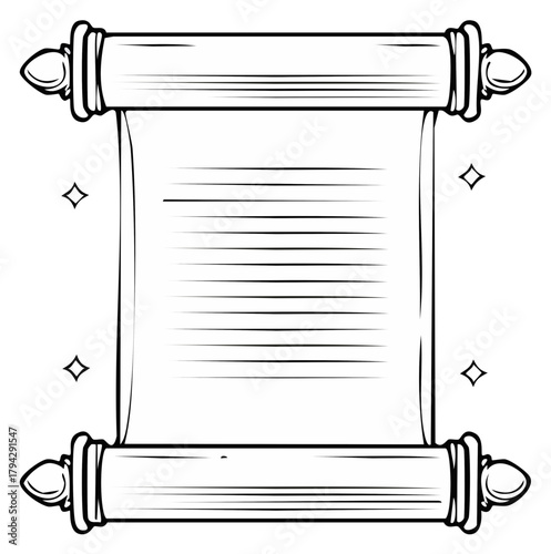 Vintage Unrolled Parchment Scroll Outline Drawing with Blank Text Area and Sparkles