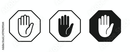 stop, hand, gesture, icon, symbol, prohibition, warning, danger, alert, forbidden, no, sign, octagonal, outline, solid, black, white, multiple, variations, communication, signal, rejection, denial, wh