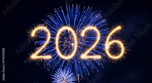 Bright golden sparkler numbers of 2026 illuminate the night sky against a backdrop of vibrant blue fireworks celebrating the upcoming new year