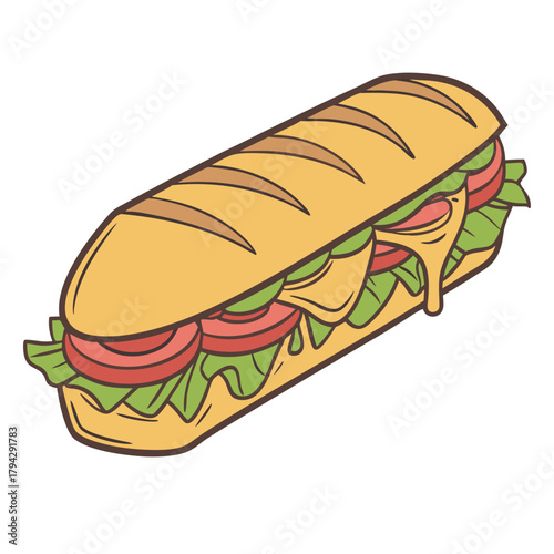 Deliciously illustrated long sandwich filled with fresh ingredients