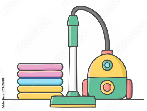 Colorful vector illustration of a vacuum cleaner and folded laundry for housekeeping and chores concept