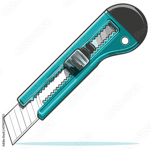 Teal utility knife illustration, precision cutting tool for crafts and office tasks isolated on white
