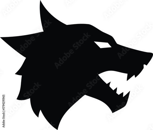 Fierce wolf head silhouette with sharp teeth on transparent background