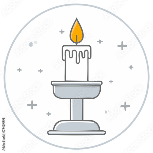 Glowing Candle with Holder Icon: Lighted Wax Symbol, Flat Line Drawing