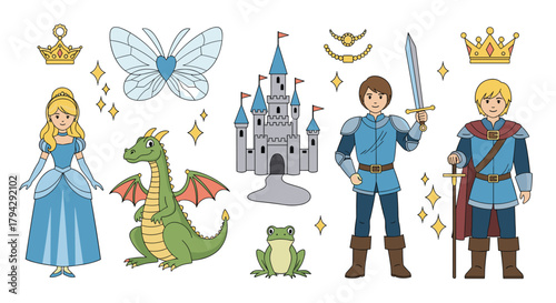 Fairytale collection of classic characters and magical elements including a princess, brave knights, a green dragon, and a castle.