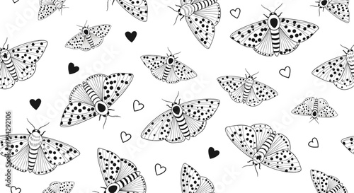 Monochrome seamless pattern featuring intricately detailed leopard moths and small black hearts scattered on a simple white background.