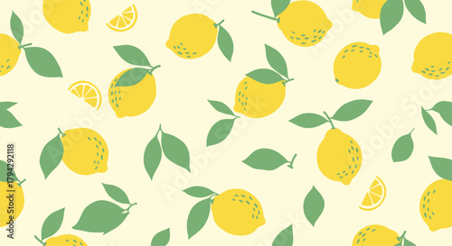 Fresh and vibrant seamless pattern of whole and sliced yellow lemons with green leaves scattered across a light yellow background.