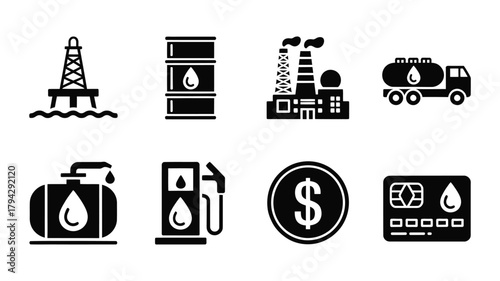 Oil industry icons representing extraction production transportation and payment