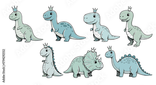 Adorable collection of seven cute baby dinosaurs, including t-rex and triceratops, each wearing a small golden crown on its head.