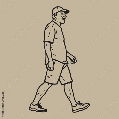 Sketch of an elderly gentleman in casual attire walking outdoors