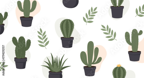 Modern seamless pattern with various potted cactus and aloe plants, green leaves, and abstract pastel shapes on a white background.