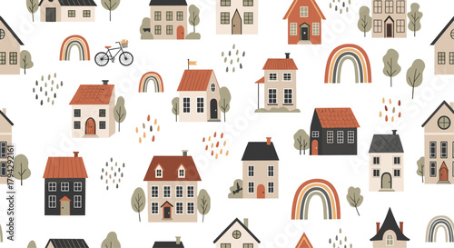 Whimsical seamless pattern with cute scandinavian-style houses, trees, and rainbows in a muted color palette on a white background.