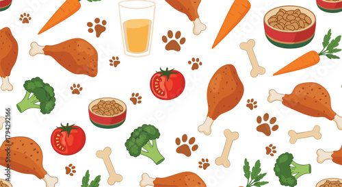 Seamless pattern for pets featuring healthy dog food ingredients like chicken, carrots, broccoli, and kibble on a white background.